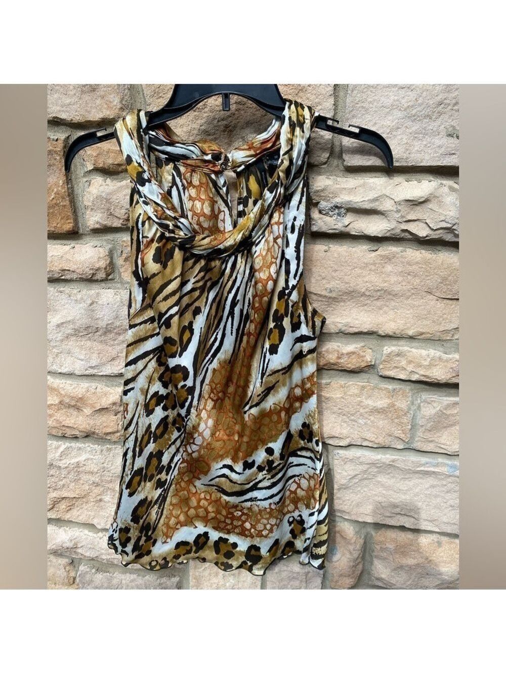 New Directions Sleeveless Blouse. black, brown, white, rust animal print EUC